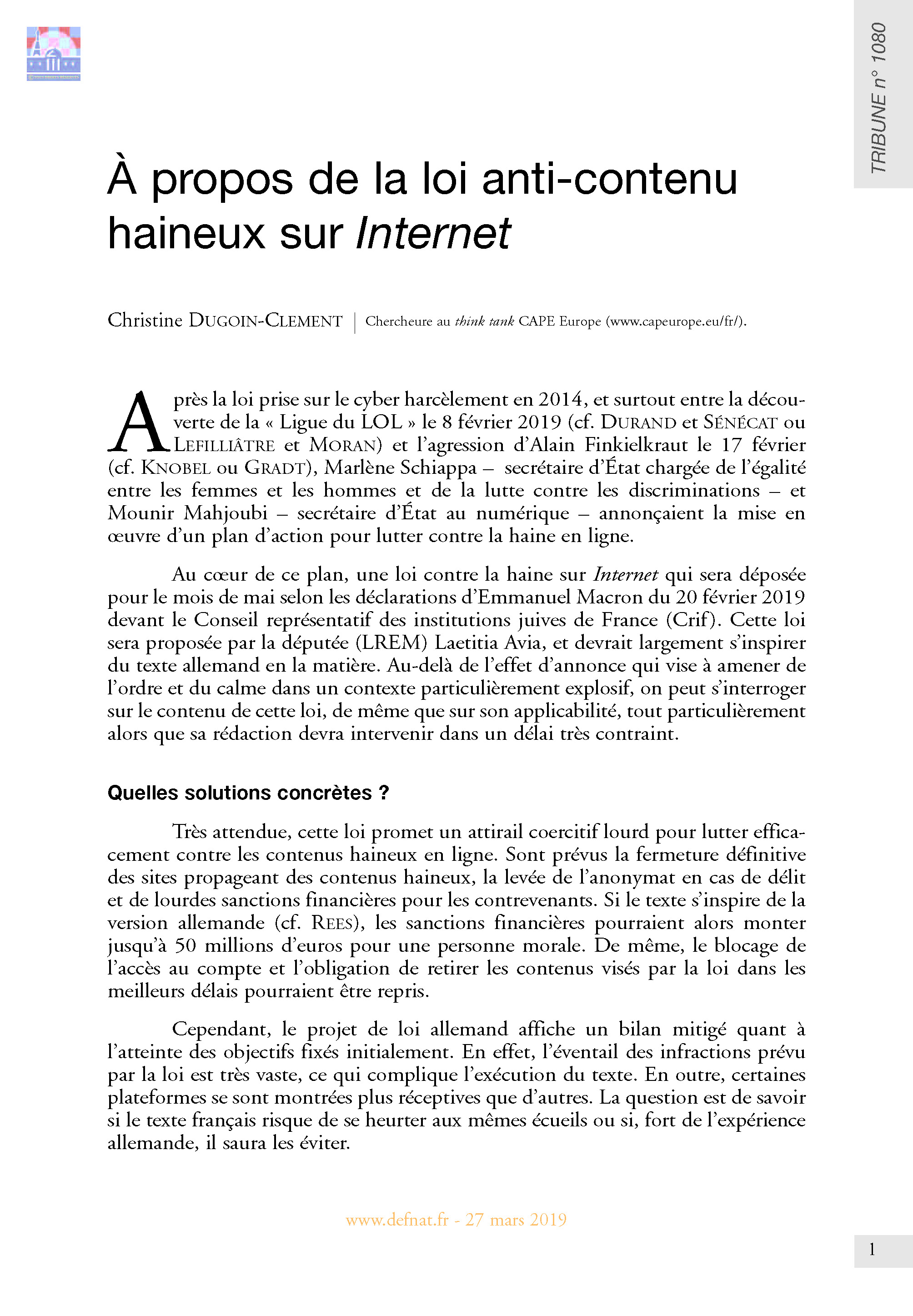 À propos de la loi anti-contenu haineux sur Internet (T 1080)
